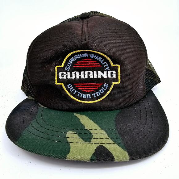 Vintage 80s Guhring Cutting Tools Promo Camo Trucker Snapback Hat Cap Flat Brim - Picture 1 of 6
